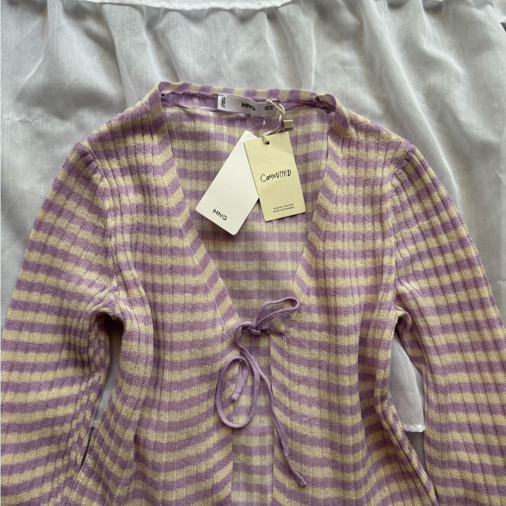 Mango Sheer Ribbed Tie-Front Cardigan Sweater - Picture 3 of 6